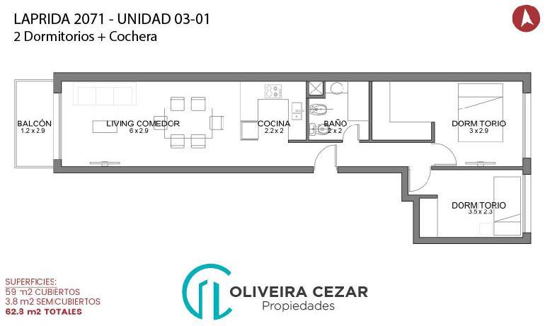 Laprida 2071 - 2 Dormitorios con cochera - Unidad 03-01